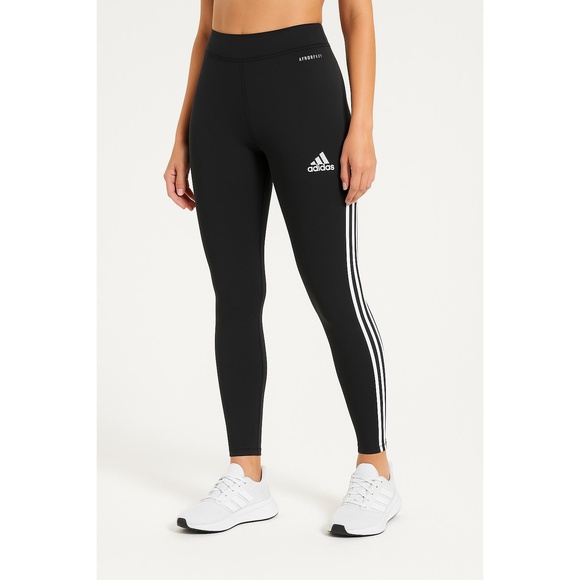 Adidas Tights Womens Size Large Black Aeroready Mid Rise White Stripes Sporty - Picture 1 of 10